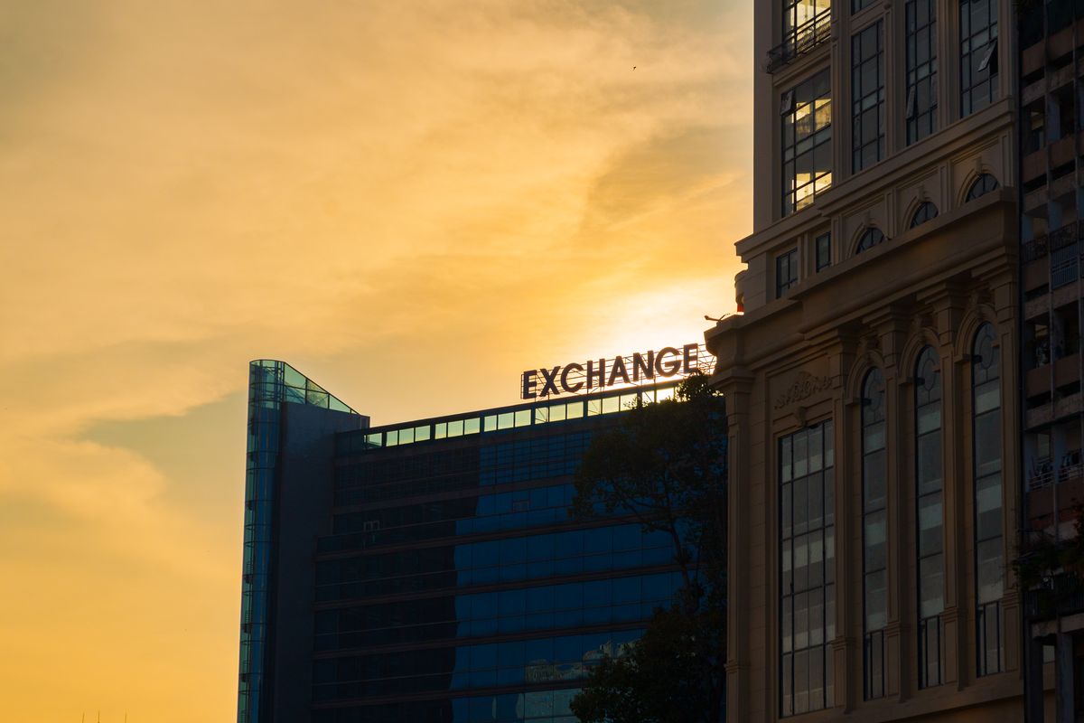 Modern business district at dusk